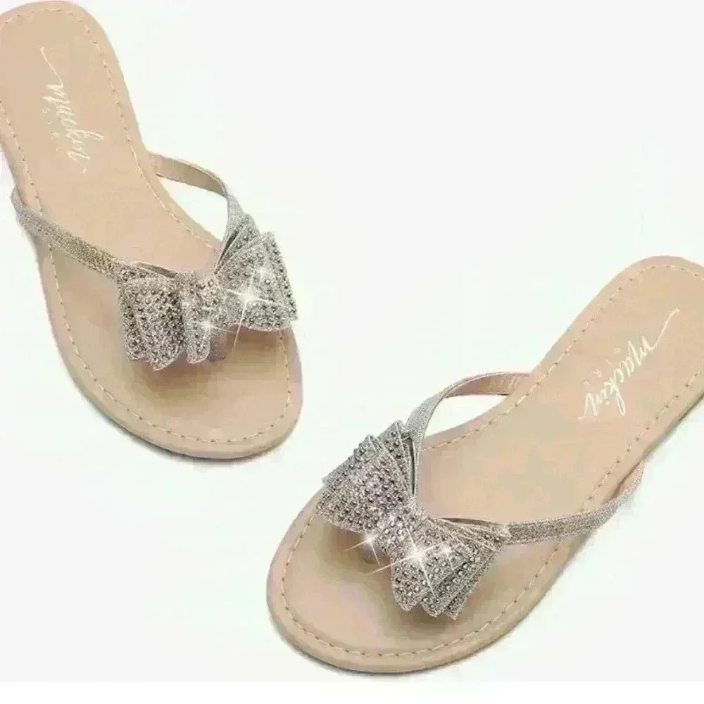 Mackln J Womens Flip Flop Rhinestone Bow Dress Sandal Rose Gold
